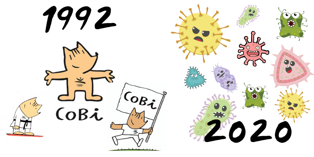 Imagen de la mascota de BArcelona 92 Cobi y el coronavirus Covid19